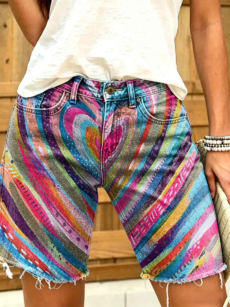 Women's Rainbow Heart Stripe Print Frayed Denim Bermuda Shorts
